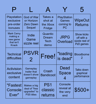 PlayStation 5 Event Bingo Card
