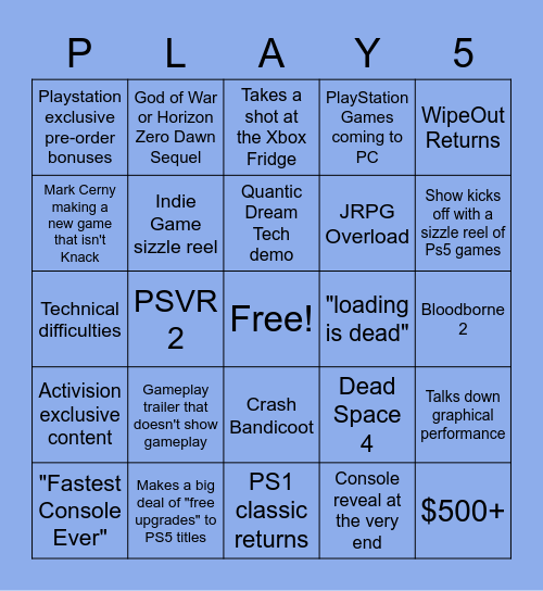 PlayStation 5 Event Bingo Card