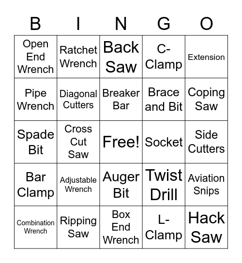 Hand Tools: Wrenches, Drills, Shears, Saws and Clamps Bingo Card