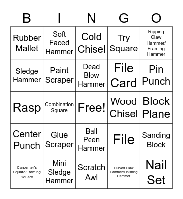 Hand Tools: Hammers, Shaping Tools, Squares, Punches, Chisels and Scaping Tools Bingo Card