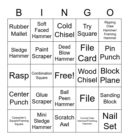 Hand Tools: Hammers, Shaping Tools, Squares, Punches, Chisels and Scaping Tools Bingo Card