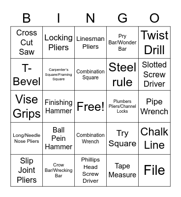 Hand Tools: Layout Tools, Pliers, Bars, Screwdrivers, and Other Common Tools Bingo Card