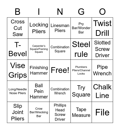 Hand Tools: Layout Tools, Pliers, Bars, Screwdrivers, and Other Common Tools Bingo Card