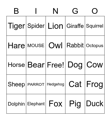 ANIMALS Bingo Card