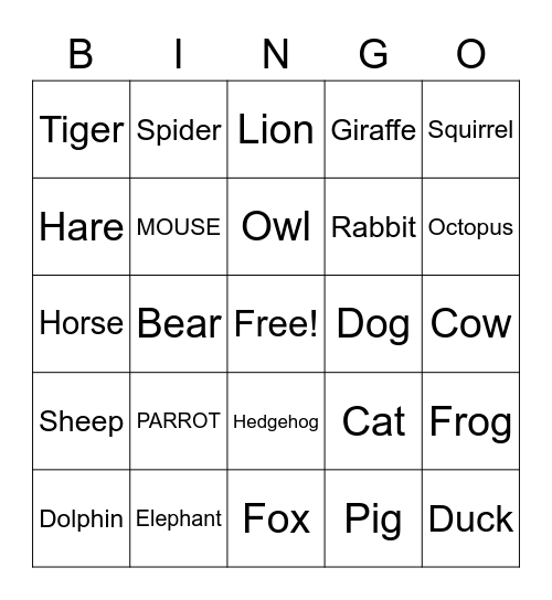 ANIMALS Bingo Card