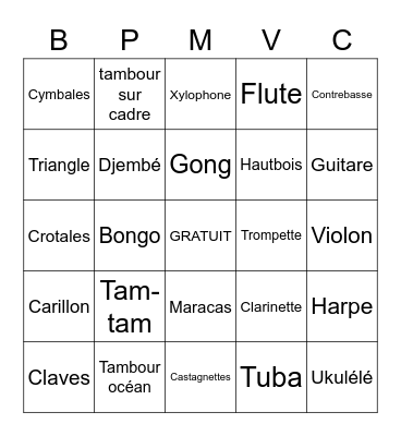 INSTRUMENTS-(Peux-tu deviner les familles?) Bingo Card