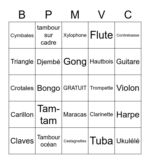 INSTRUMENTS-(Peux-tu deviner les familles?) Bingo Card