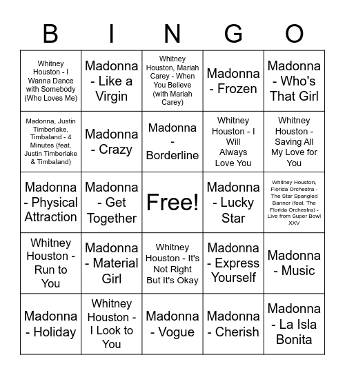 Madonna vs Whitney Bingo Card