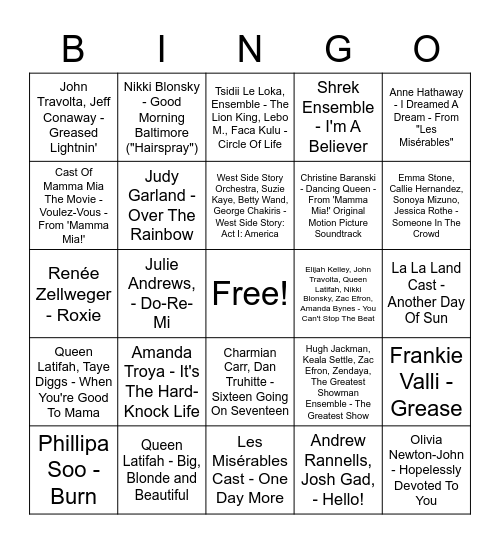 Musicals Bingo Card