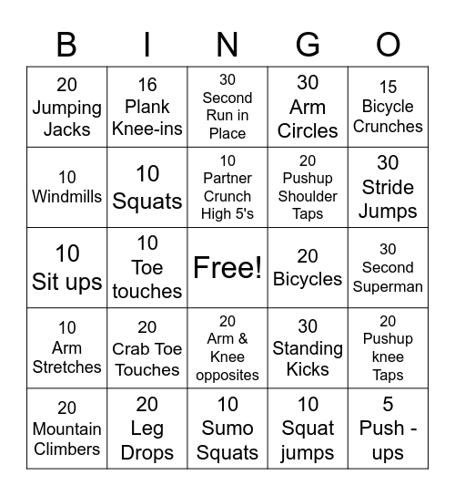 Warm up exercises Bingo Card