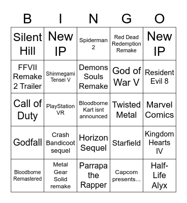 PS5 Reveal Event Bingo Card