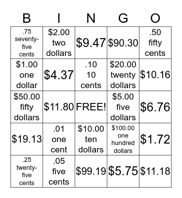 money bingo Card