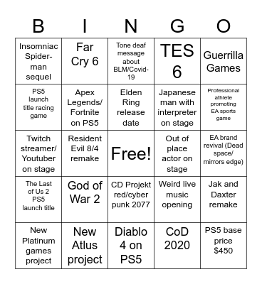 Sony 11/6/20 conference Bingo Card