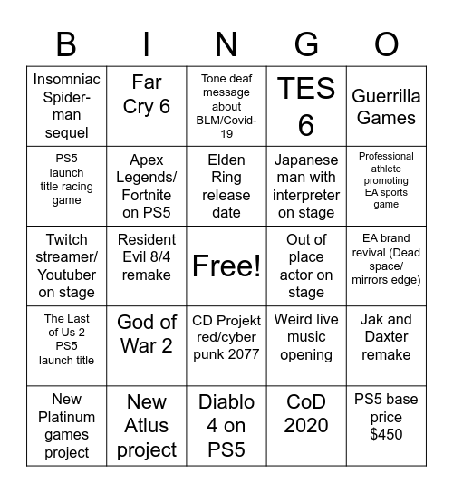 Sony 11/6/20 conference Bingo Card