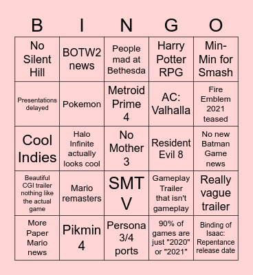 E3 Season 2020 Bingo Card