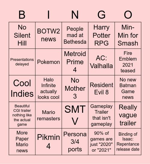 E3 Season 2020 Bingo Card