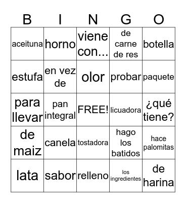 la comida Bingo Card