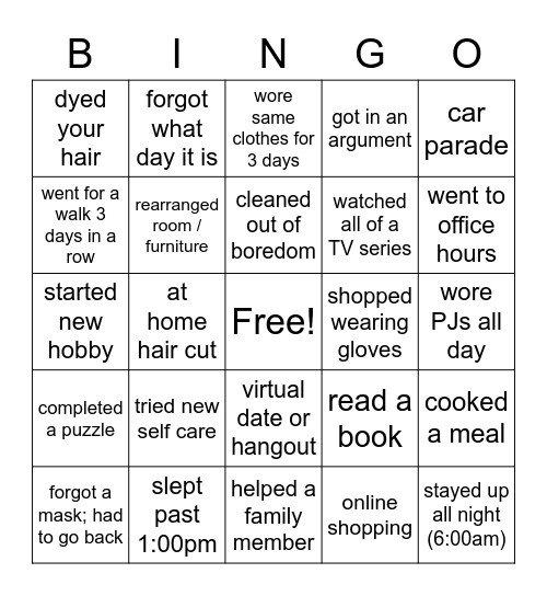 Quarentine Bingo Card