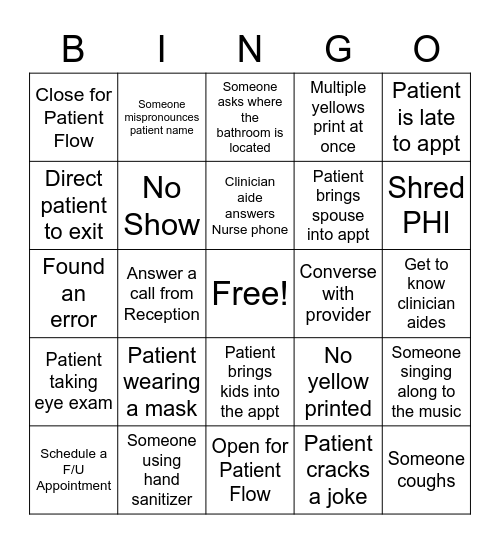 Patient Flow Bingo Card