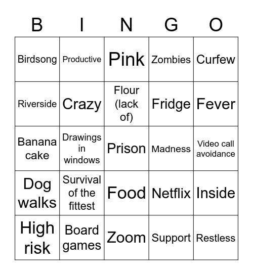 Lockdown Experience Bingo Card