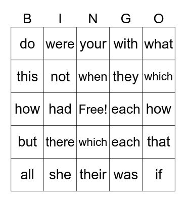Sight Words 25-50 Bingo Card