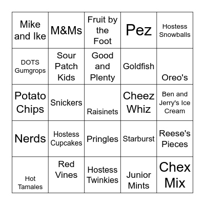 Junk Food Bingo Card