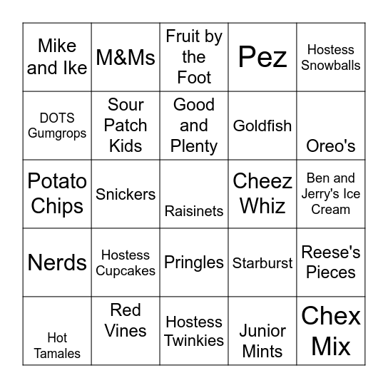 Junk Food Bingo Card