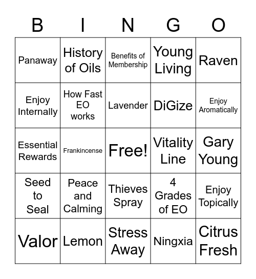 Young Living Oily Bingo Card