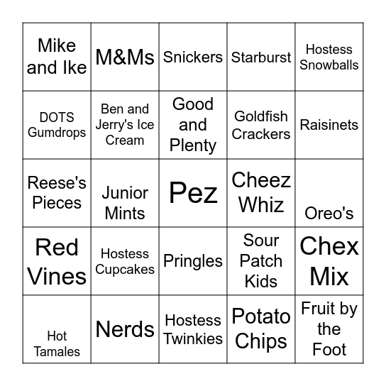 Junk Food Bingo Card