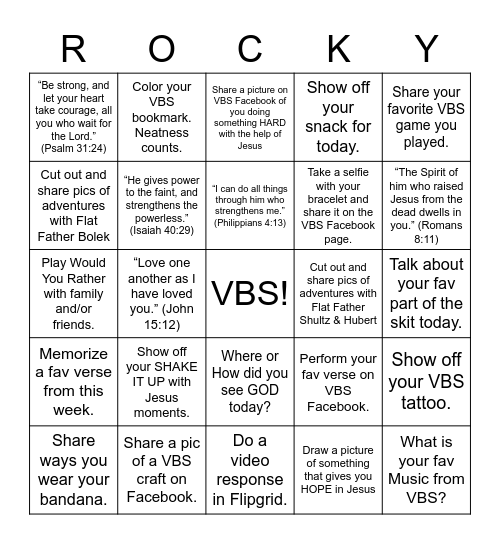 Rocky Railway     VBS 2020 Bingo Card