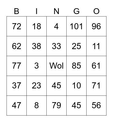 NUMBER Bingo Card