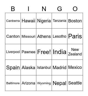 FS Trivia Bingo - Places Bingo Card