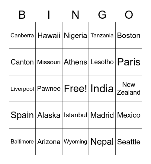 FS Trivia Bingo - Places Bingo Card