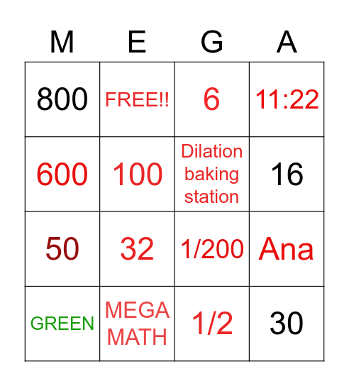 MEGA MATH BINGO GAME!! Bingo Card