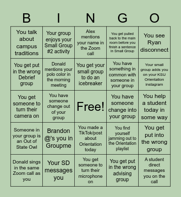 2020 New Student Orientation Bingo Card