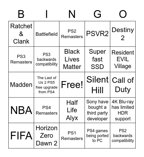 PS5 Reveal Bingo Card