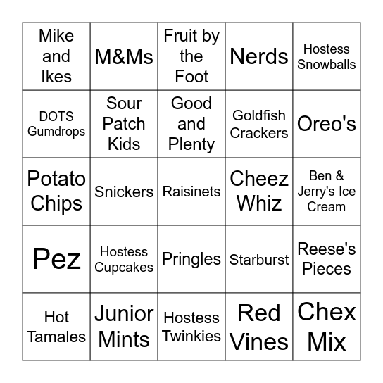 Junk Food Bingo Card