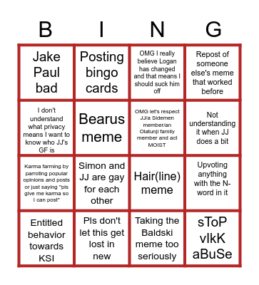 r/KSI Bingo Card