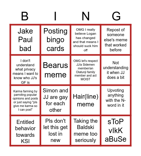 r/KSI Bingo Card