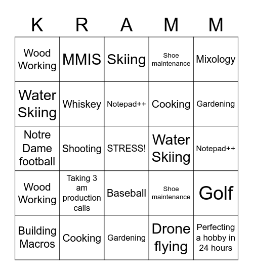 Kramm's Kellogg Send-Off Bingo Card
