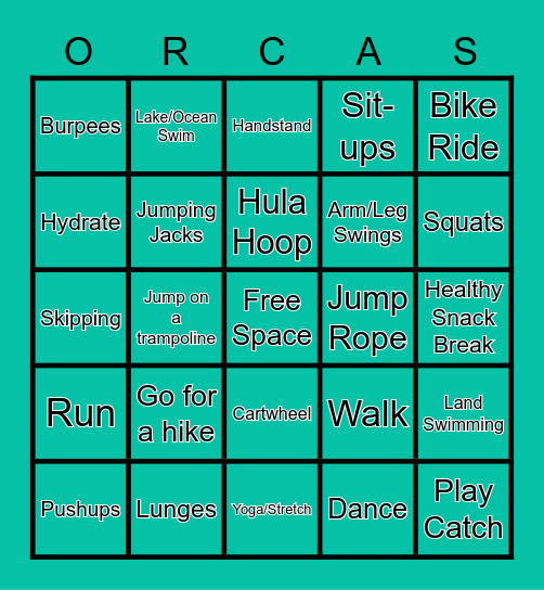 Junior Workout Bingo Card