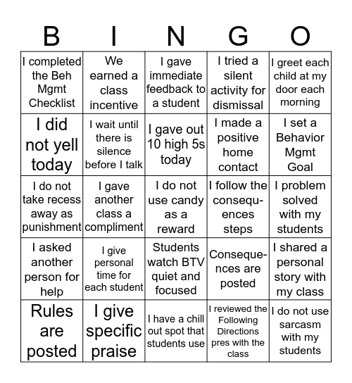 Barrow Buddy Behavior Management! Bingo Card