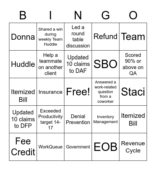 Patient Accounting Week Bingo Card