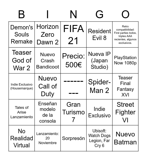 PS5 Bingo Card