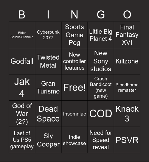 PS5 Event Bingo Card