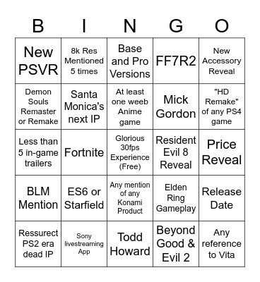 PS5 Event Bingo Card