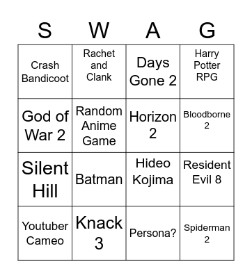 PS5 Bingo Card