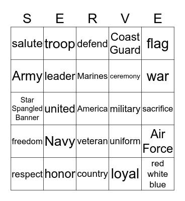 Honoring our Veterans Bingo Card
