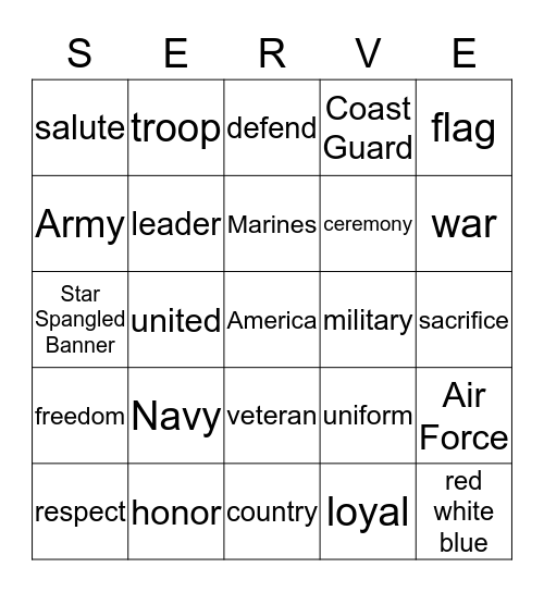 Honoring our Veterans Bingo Card