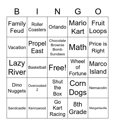 Reid's Birthday Bingo Card